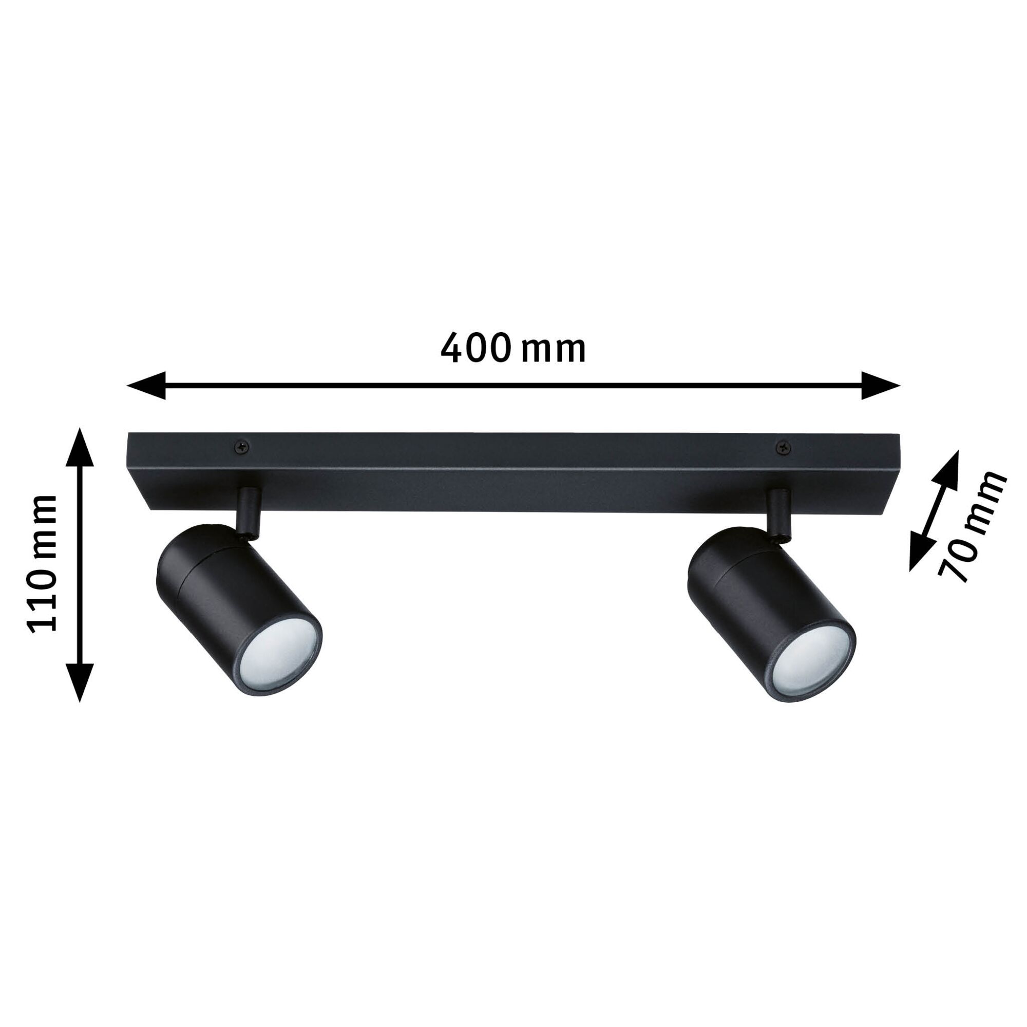 Black metal LED ceiling light with two adjustable spotlights, 400 mm wide, modern indoor lighting fixture