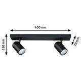 Black metal LED ceiling light with two adjustable spotlights, 400 mm wide, modern indoor lighting fixture