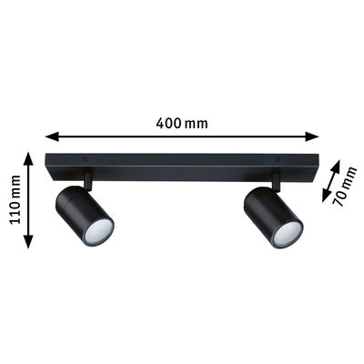 Black metal LED ceiling light with two adjustable spotlights, 400 mm wide, modern indoor lighting fixture