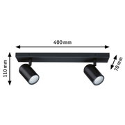 Black metal LED ceiling light with two adjustable spotlights, 400 mm wide, modern indoor lighting fixture