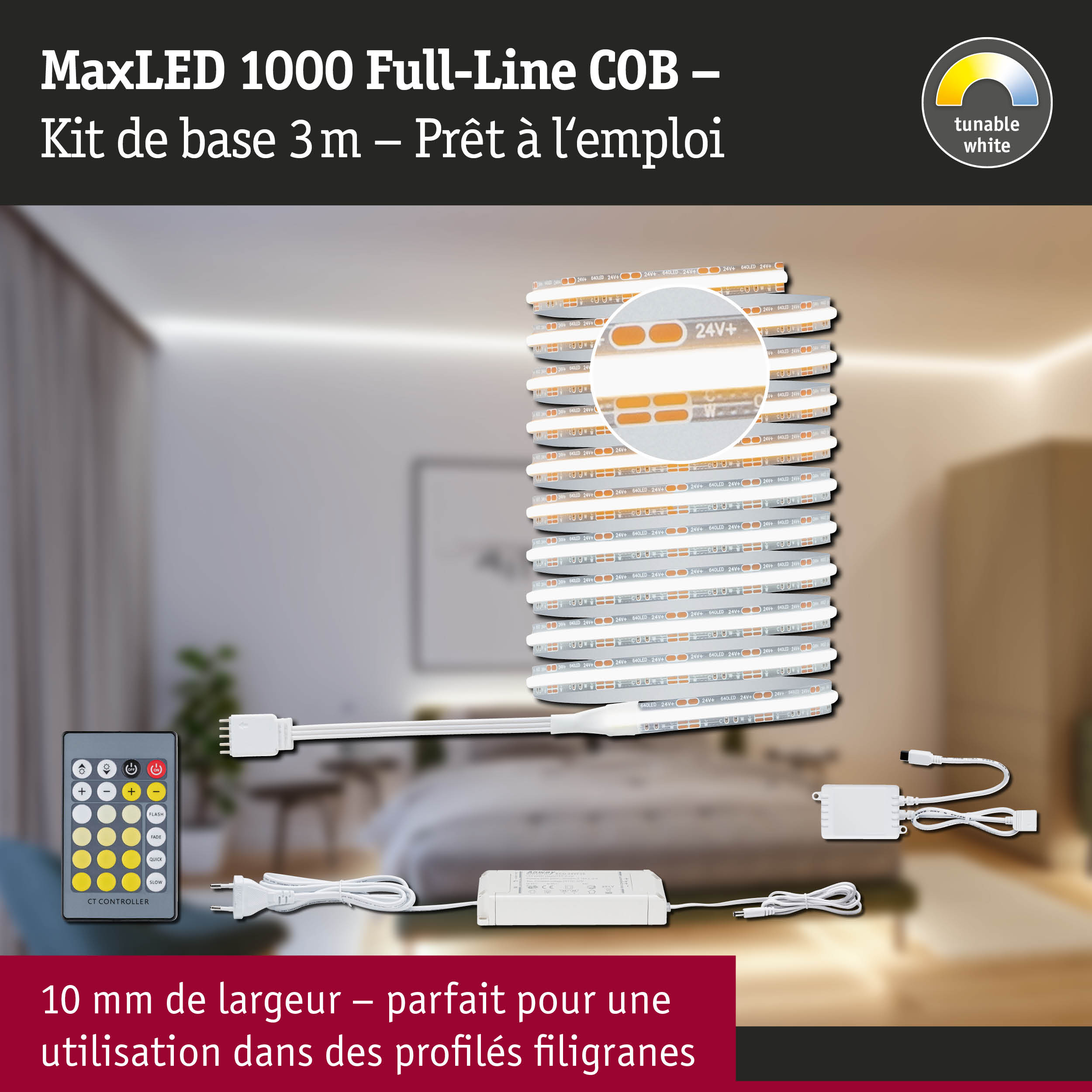 Kit bande LED MaxLED 1000 Full-Line COB 3m avec télécommande et alimentation pour lumière blanche réglable