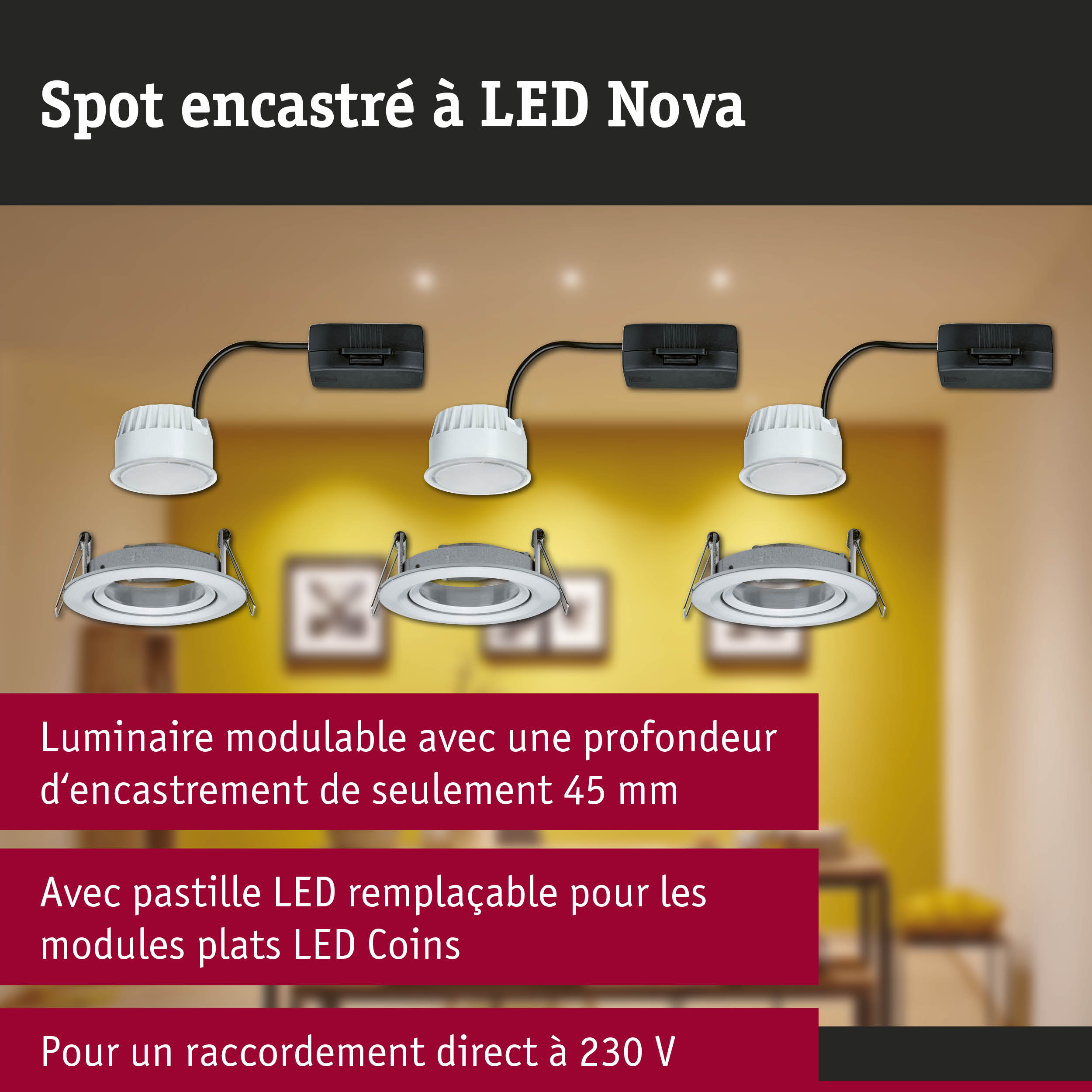 Spot encastré LED Nova modulaire blanc avec profondeur d'encastrement de 45 mm pour éclairage économique