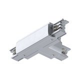 Silberner Aluminium-T-Verbinder für Schienensysteme mit sichtbaren Schrauben und Kontakten