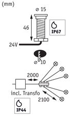 Technical drawing of LED lighting system with IP67 and IP44 protection, 24V, dimensions in mm.
