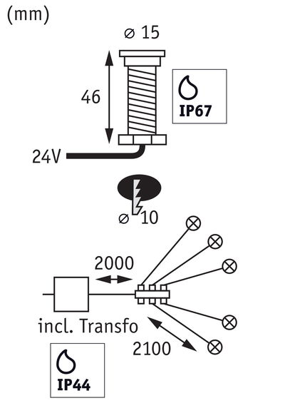 Schéma technique d'un système d'éclairage LED avec protection IP67 et IP44, 24V, dimensions en mm.