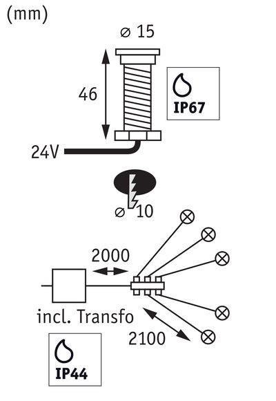 Technische tekening van LED-verlichtingssysteem met IP67 en IP44 bescherming, 24V, afmetingen in mm.