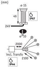 Technische Zeichnung eines LED-Lichtsystems mit IP67 und IP44 Schutz, 24V, Maße in mm.