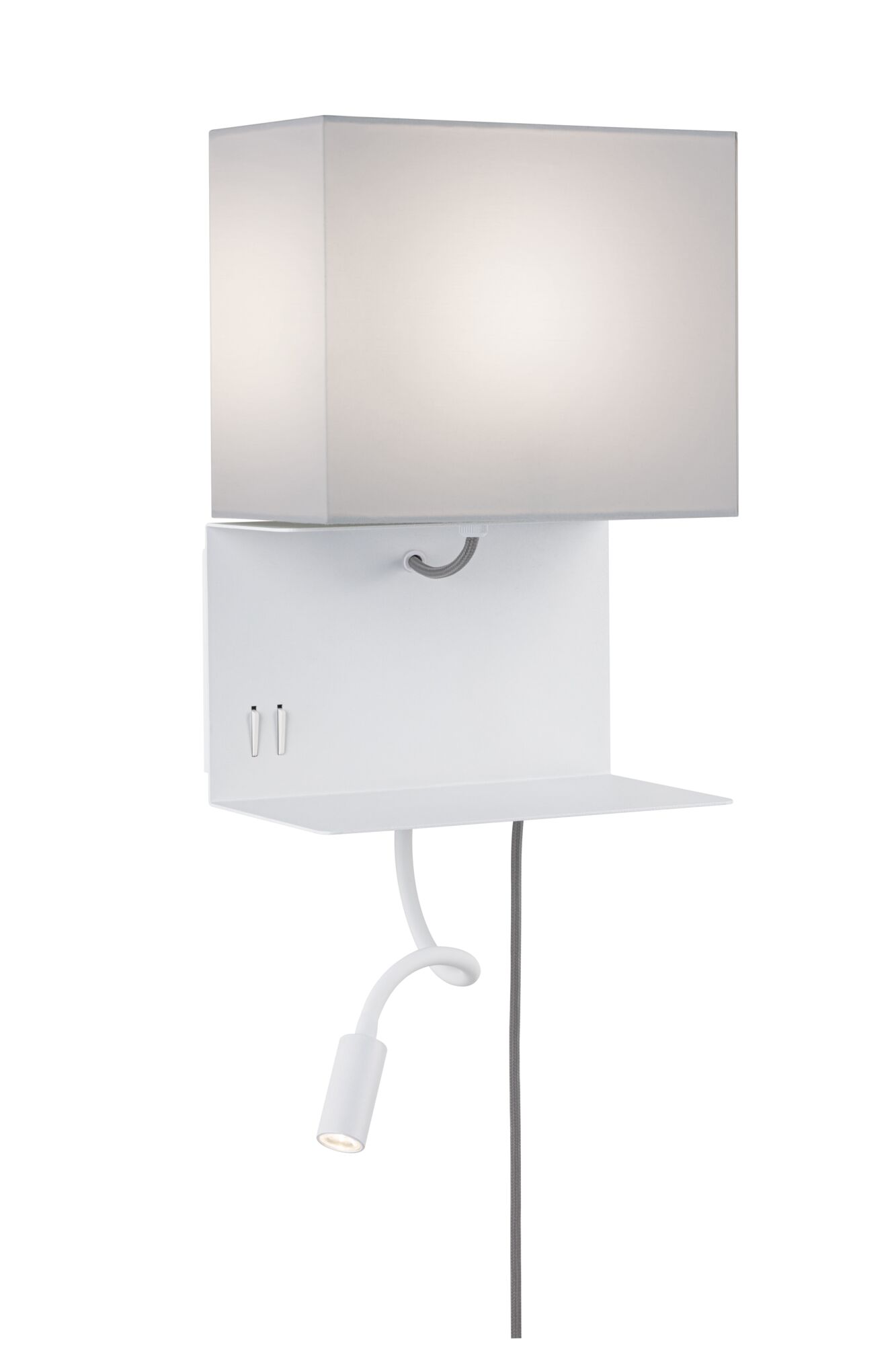 Weiße Wandlampe mit rechteckigem Stoffschirm und flexiblem Lesearm aus Metall für modernes Lichtdesign