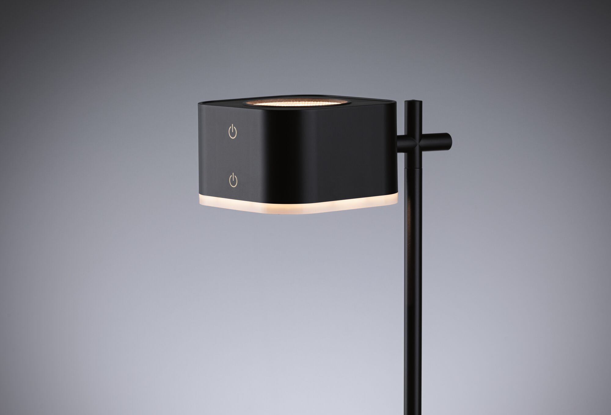 Black LED floor lamp with square head and touch switches, modern lighting for living spaces