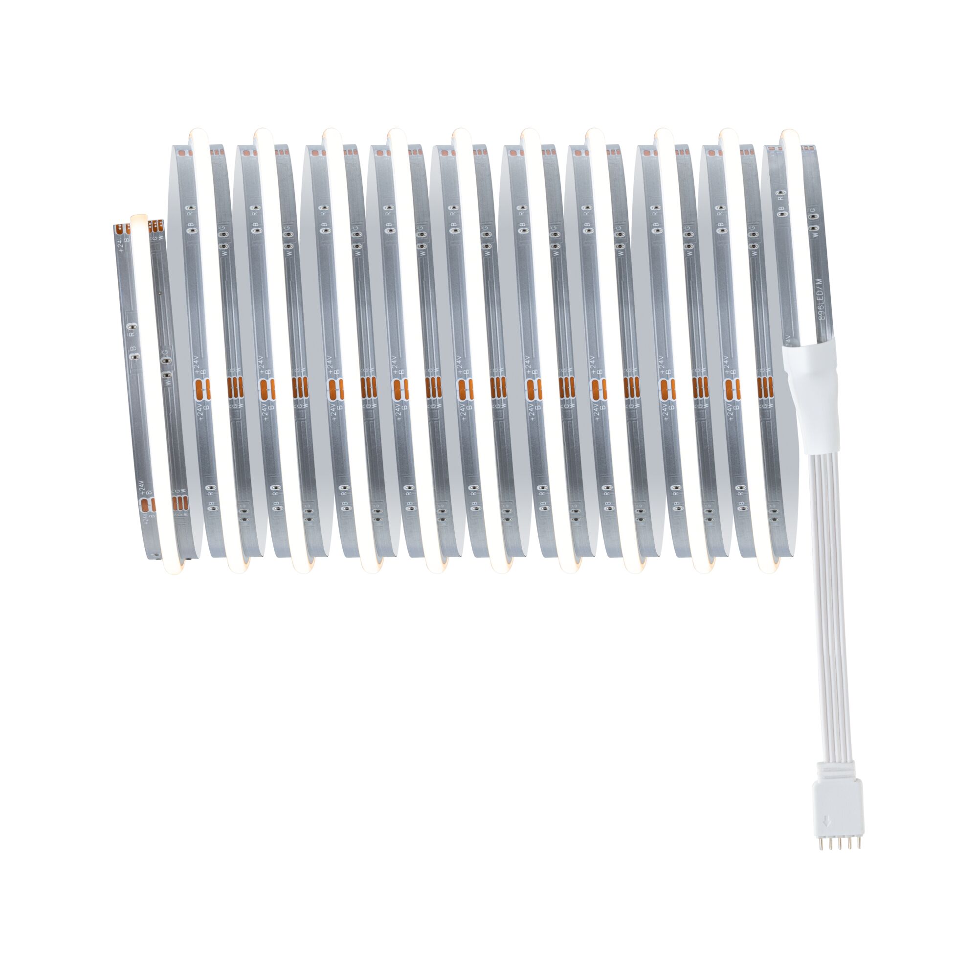 Flexible LED light strip with white illumination and connector cable for versatile lighting design