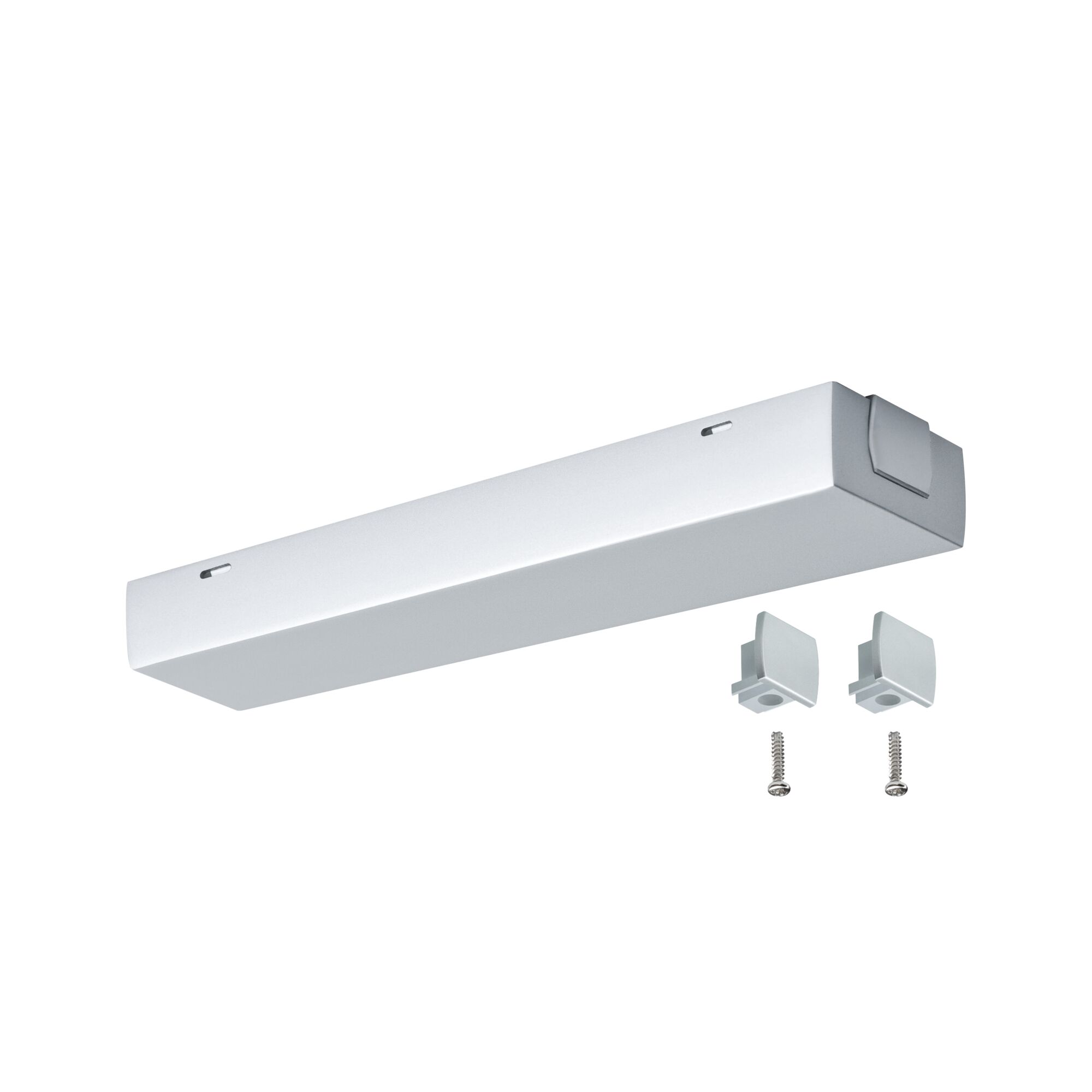 White LED under-cabinet light with mounting clips and screws for kitchen and furniture lighting