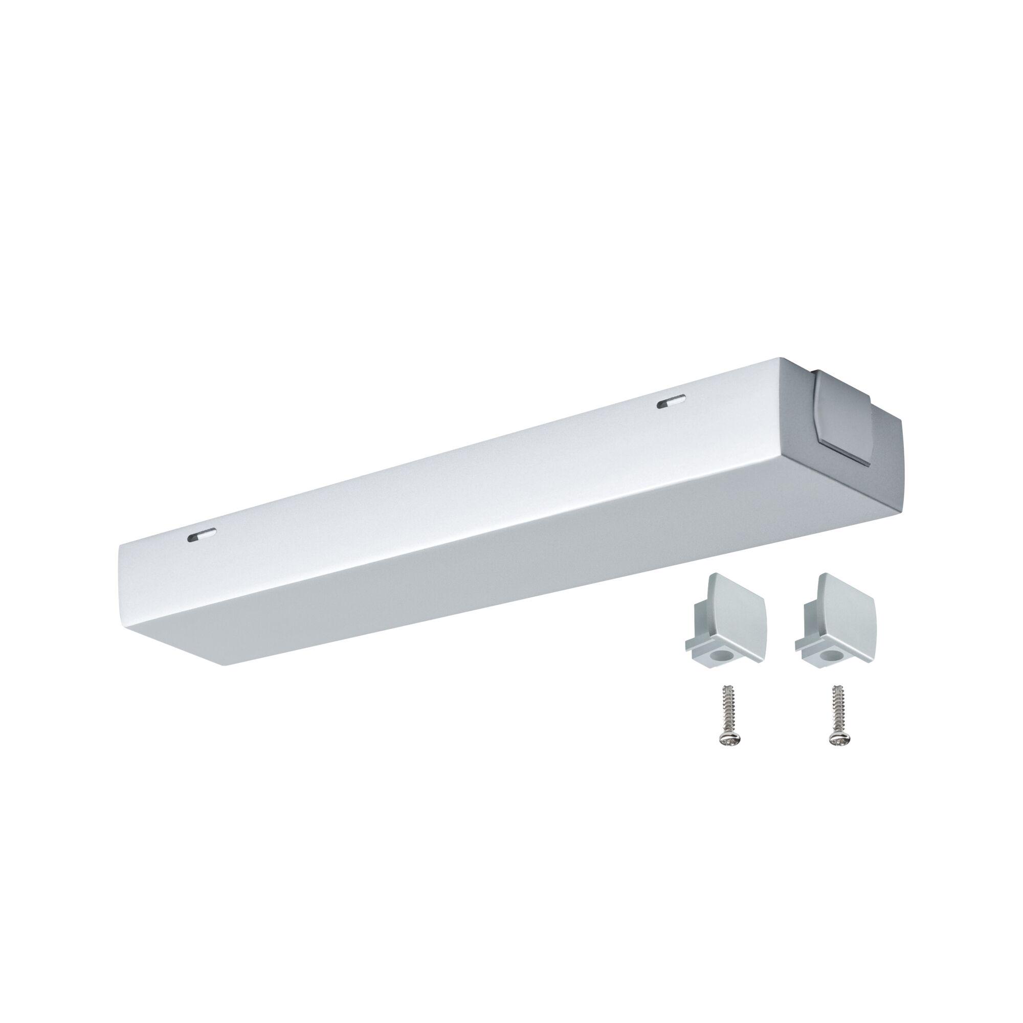 White LED under-cabinet light housing with mounting clips and screws for kitchen lighting