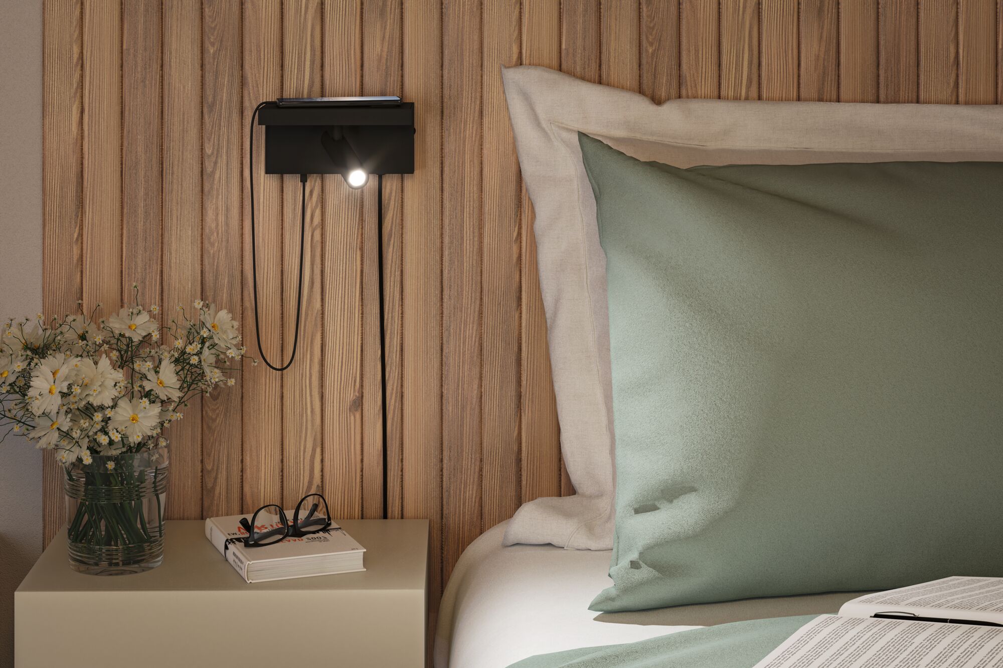 Schwarze LED-Wandleuchte mit flexiblem Lesearm an Holzwand neben Bett mit grünem Kissen und Nachttisch.