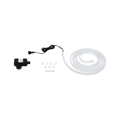White LED light strip with black power adapter and mounting clips for versatile lighting setups