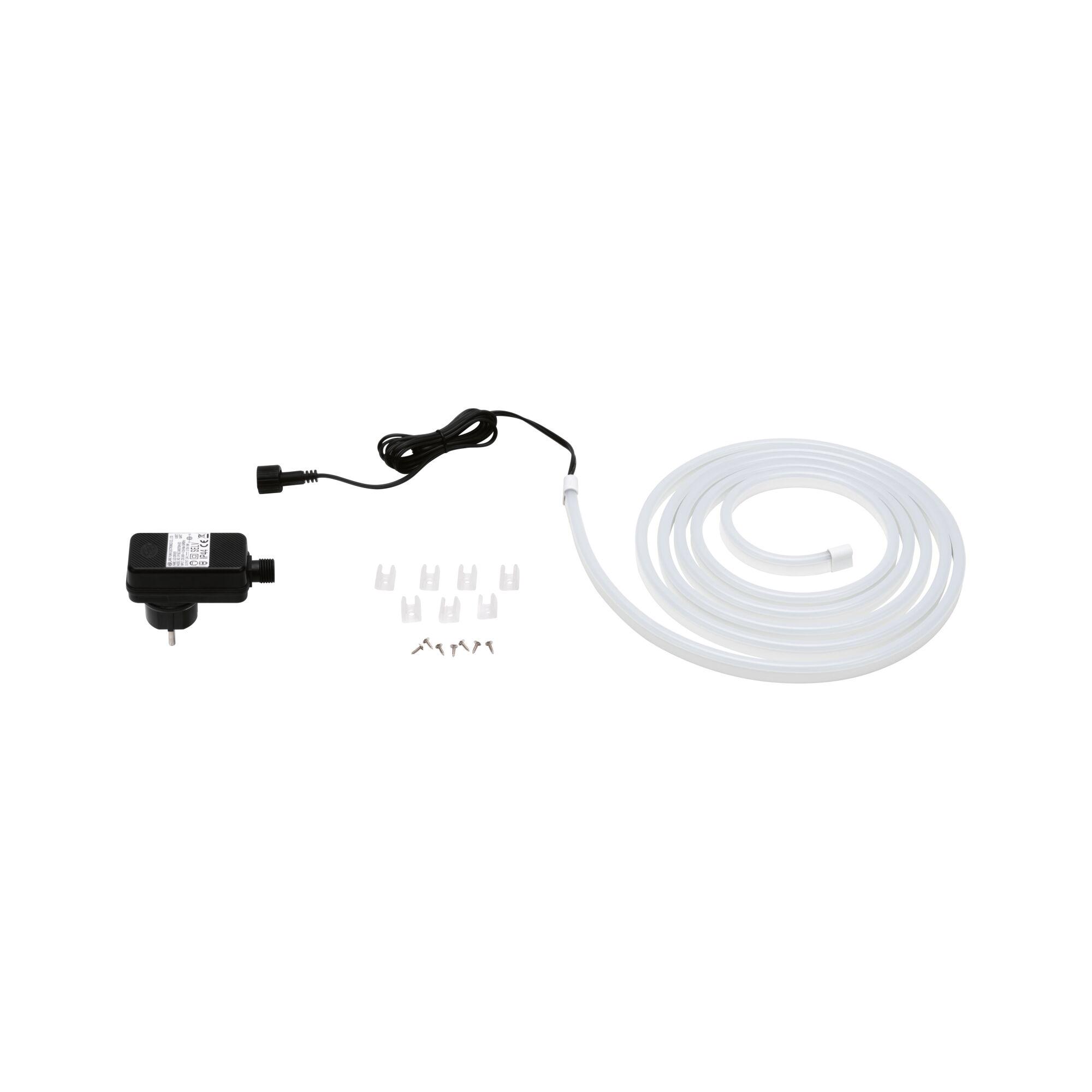 Witte LED neon lichtstrip met zwarte adapter en bevestigingsclips voor binnenverlichting