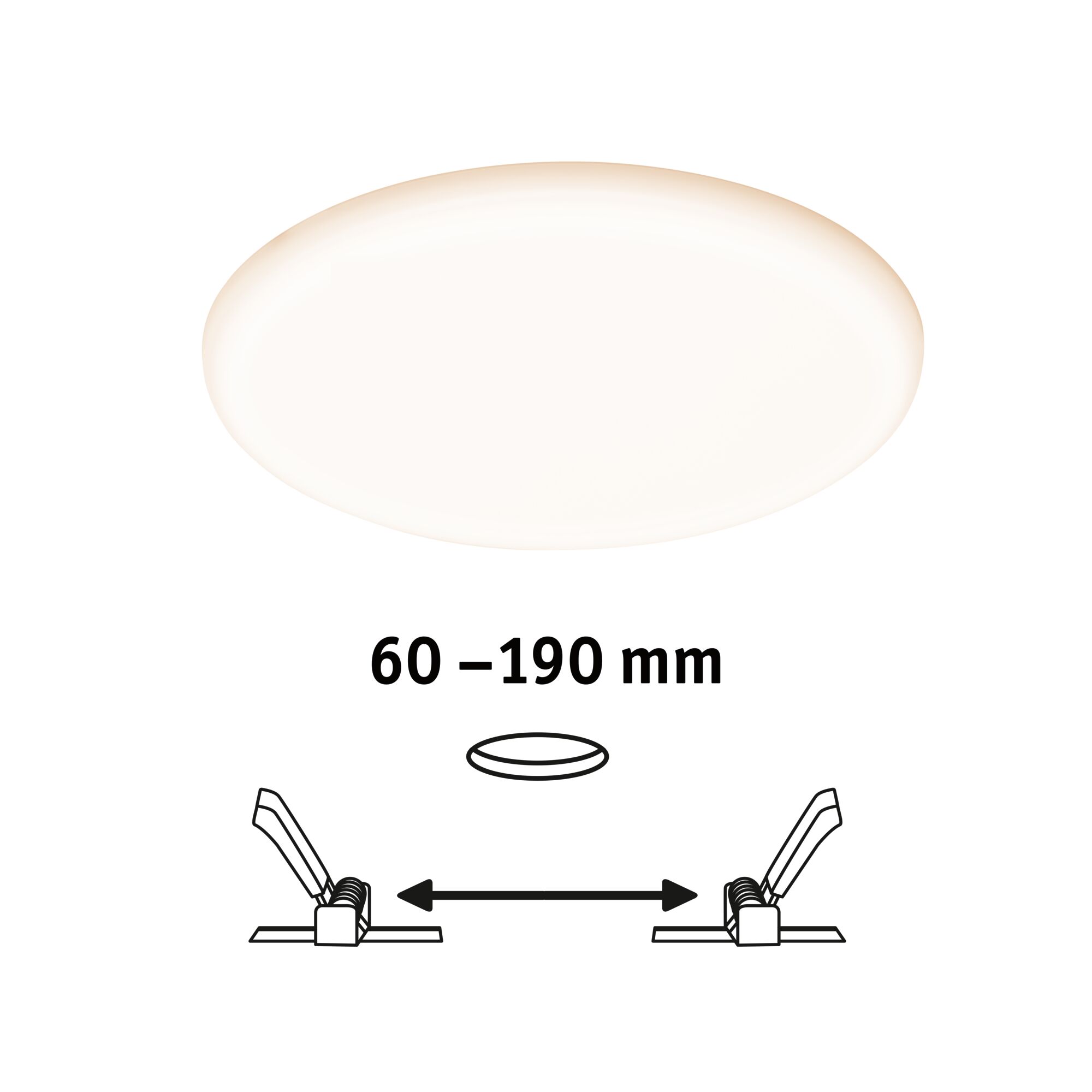 Round LED ceiling light with white diffuser and adjustable installation size 60-190 mm for living spaces