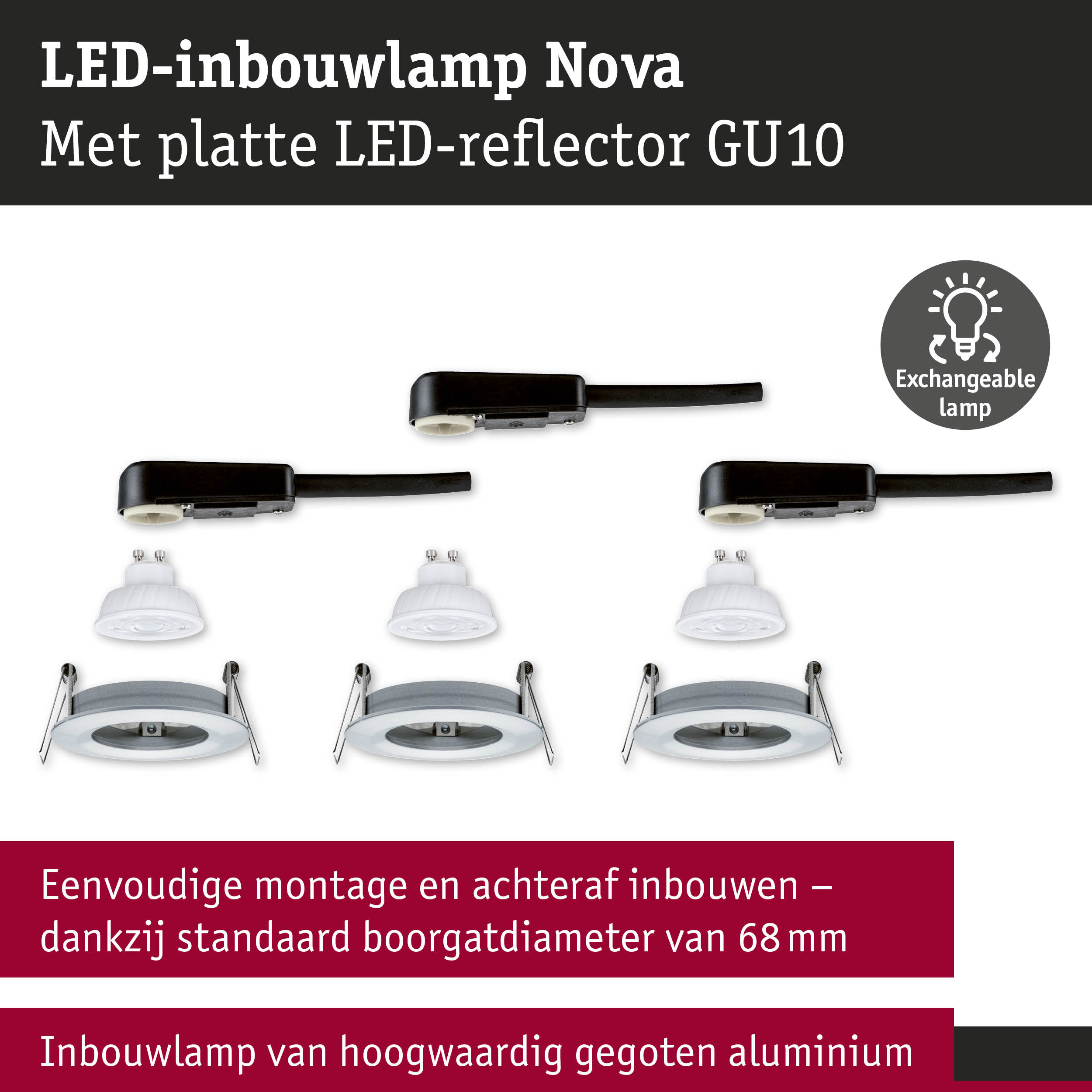 LED-inbouwlamp Nova met platte LED-reflector GU10 en verwisselbare lamp in zwart en wit