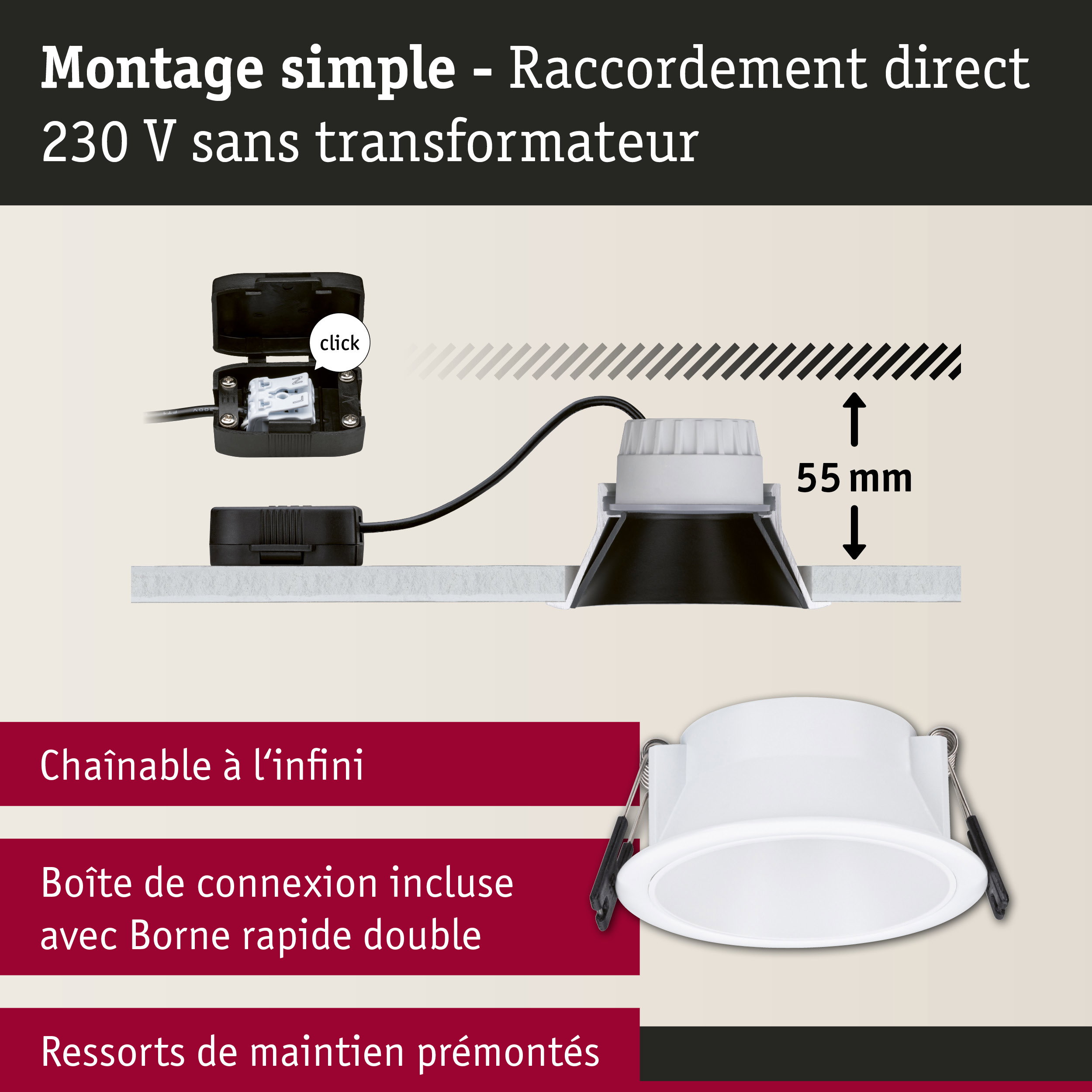 Spot encastré blanc avec profondeur d'installation de 55 mm et raccordement direct 230 V sans transformateur