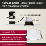 Spot encastré blanc avec profondeur d'installation de 55 mm et raccordement direct 230 V sans transformateur