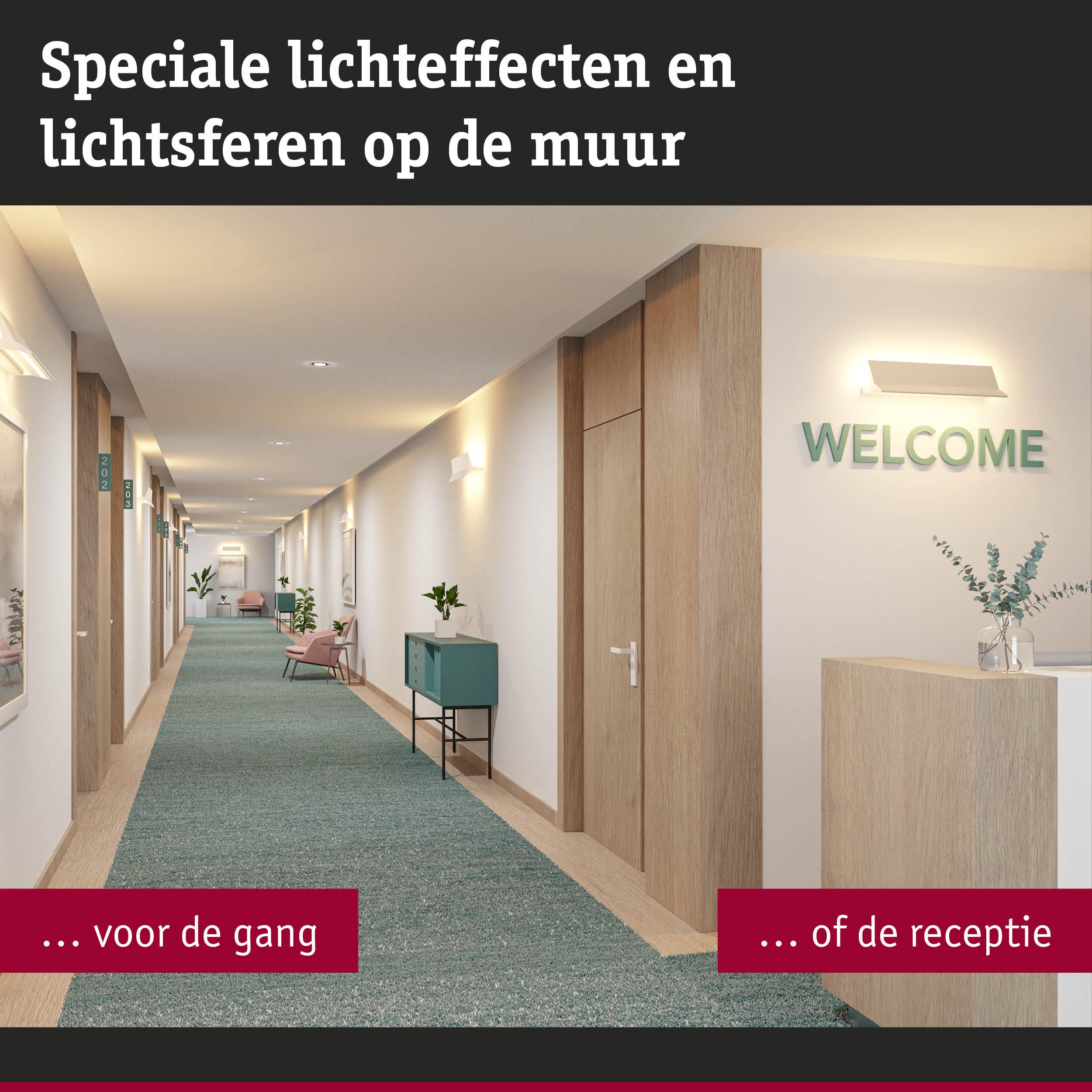 Moderne gang met groene loper, houtdecor en wandlampen voor speciale lichteffecten