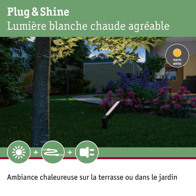 Lumière LED Plug & Shine blanc chaud pour terrasse et jardin avec ambiance chaleureuse