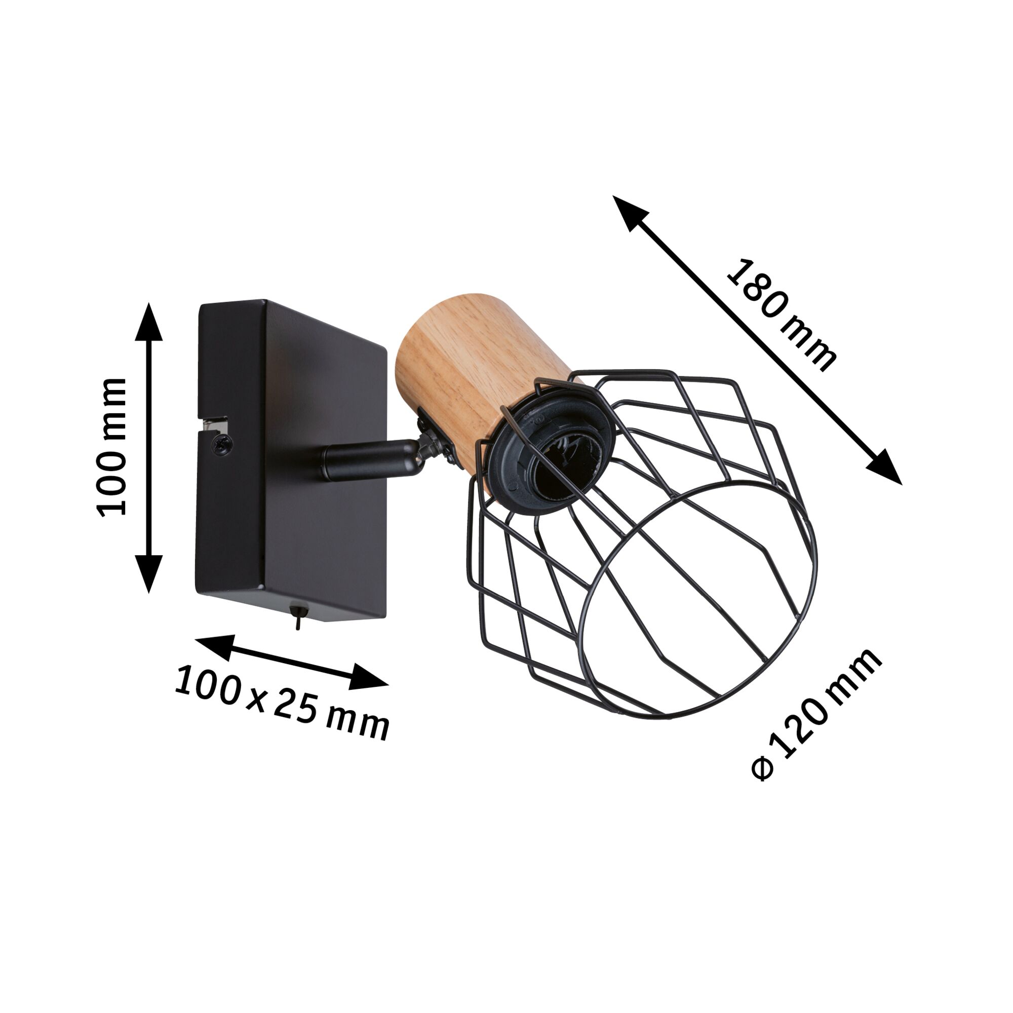 Applique murale moderne avec cage en métal noir et bois clair, dimensions 180x120 mm, éclairage LED