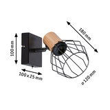 Moderner Wandstrahler mit schwarzem Metallgitter und hellem Holz, Maße 180x120 mm, LED Beleuchtung