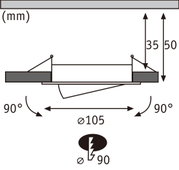Technical drawing of recessed spotlight with 105 mm diameter and 35 to 50 mm installation depth.