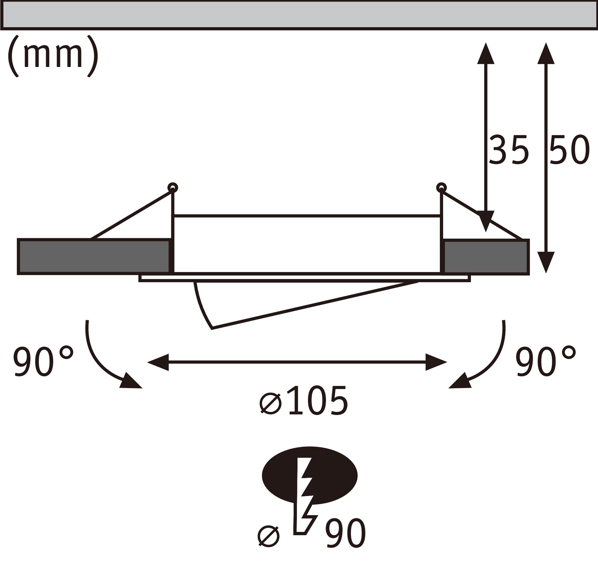 Technical drawing of recessed spotlight with 105 mm diameter and 35 to 50 mm installation depth.