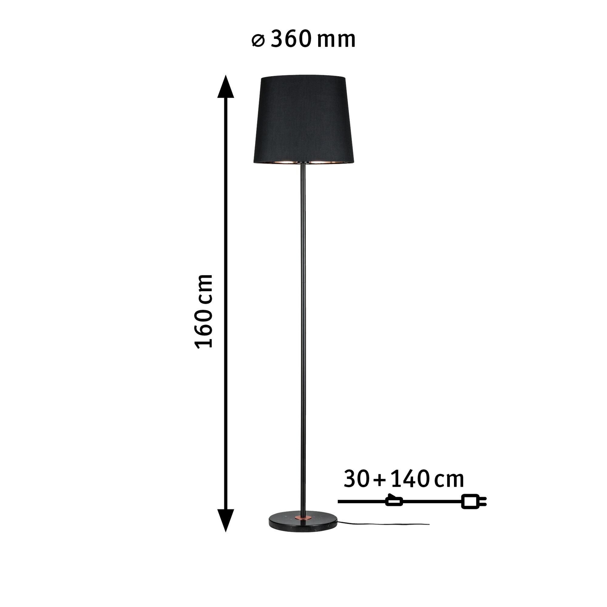 Lampadaire noir avec abat-jour en tissu Ø 360 mm et hauteur 160 cm, design moderne avec câble.