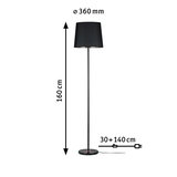 Lampadaire noir avec abat-jour en tissu Ø 360 mm et hauteur 160 cm, design moderne avec câble.