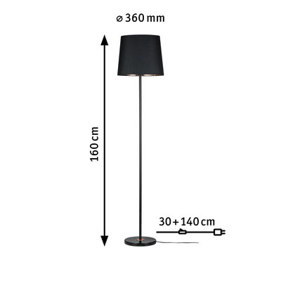 Zwarte vloerlamp met stoffen kap Ø 360 mm en 160 cm hoog, modern ontwerp met kabel.