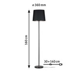 Schwarze Stehleuchte mit Stoffschirm Ø 360 mm und 160 cm Höhe, modernes Design mit Kabel.
