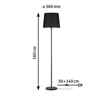 Schwarze Stehleuchte mit Stoffschirm Ø 360 mm und 160 cm Höhe, modernes Design mit Kabel.
