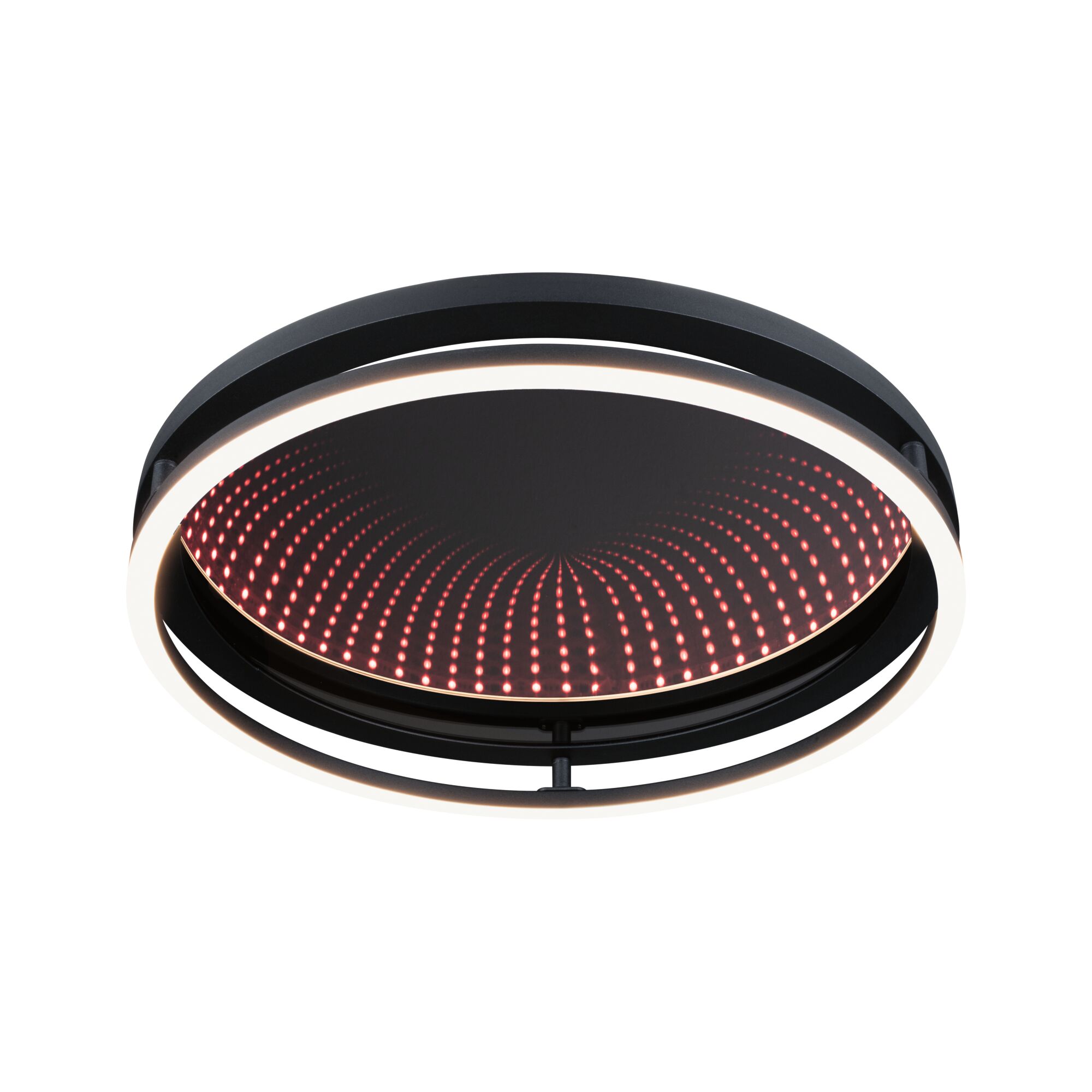 Plafonnier LED rond noir avec lumière blanche chaude et motif de points rouges pour intérieur moderne