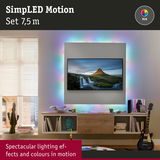 7.5m RGB LED light strip behind TV creating colorful motion lighting effects in living room