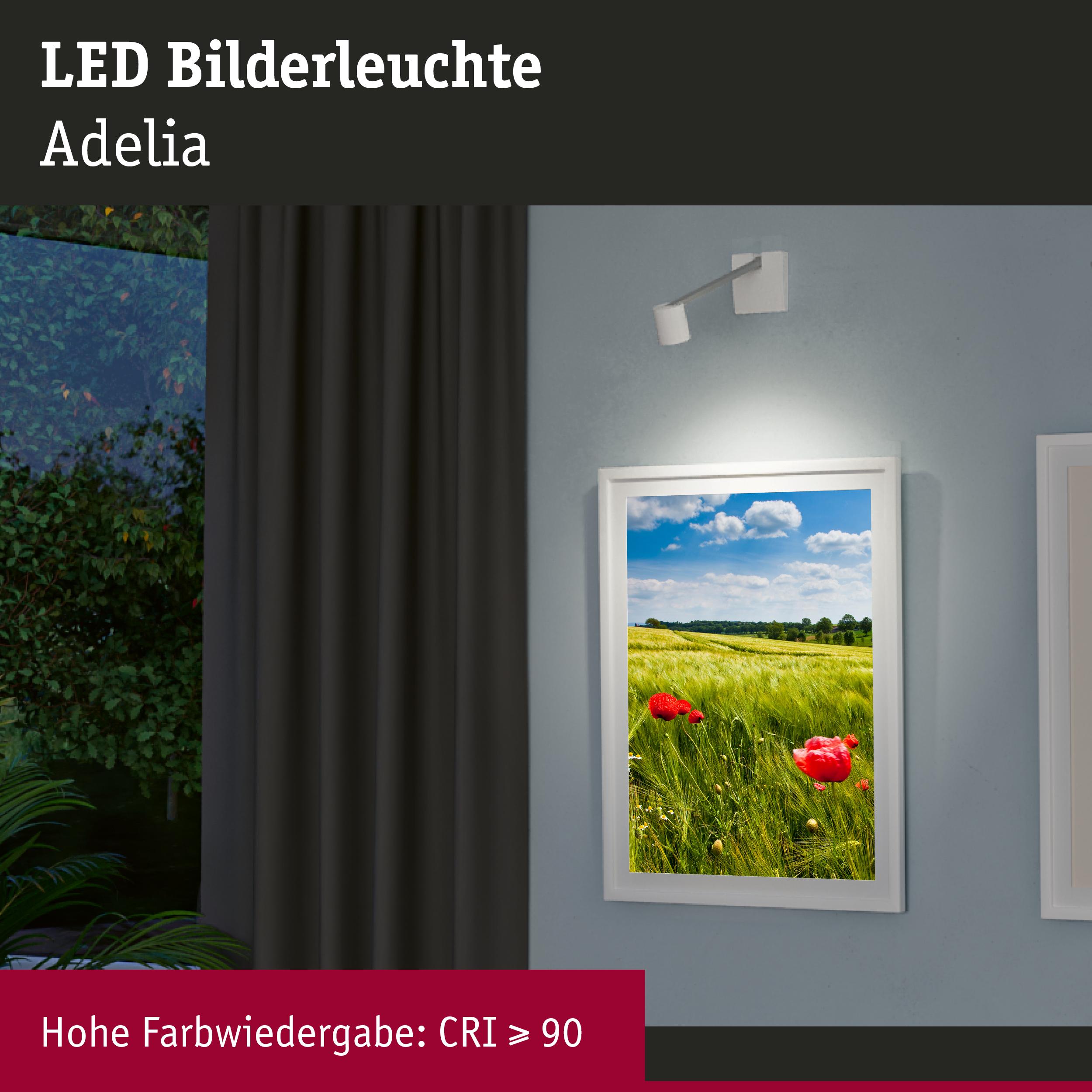 Weiße LED Bilderleuchte Adelia an Wand beleuchtet Landschaftsbild mit rotem Mohn, hohe Farbwiedergabe CRI 90