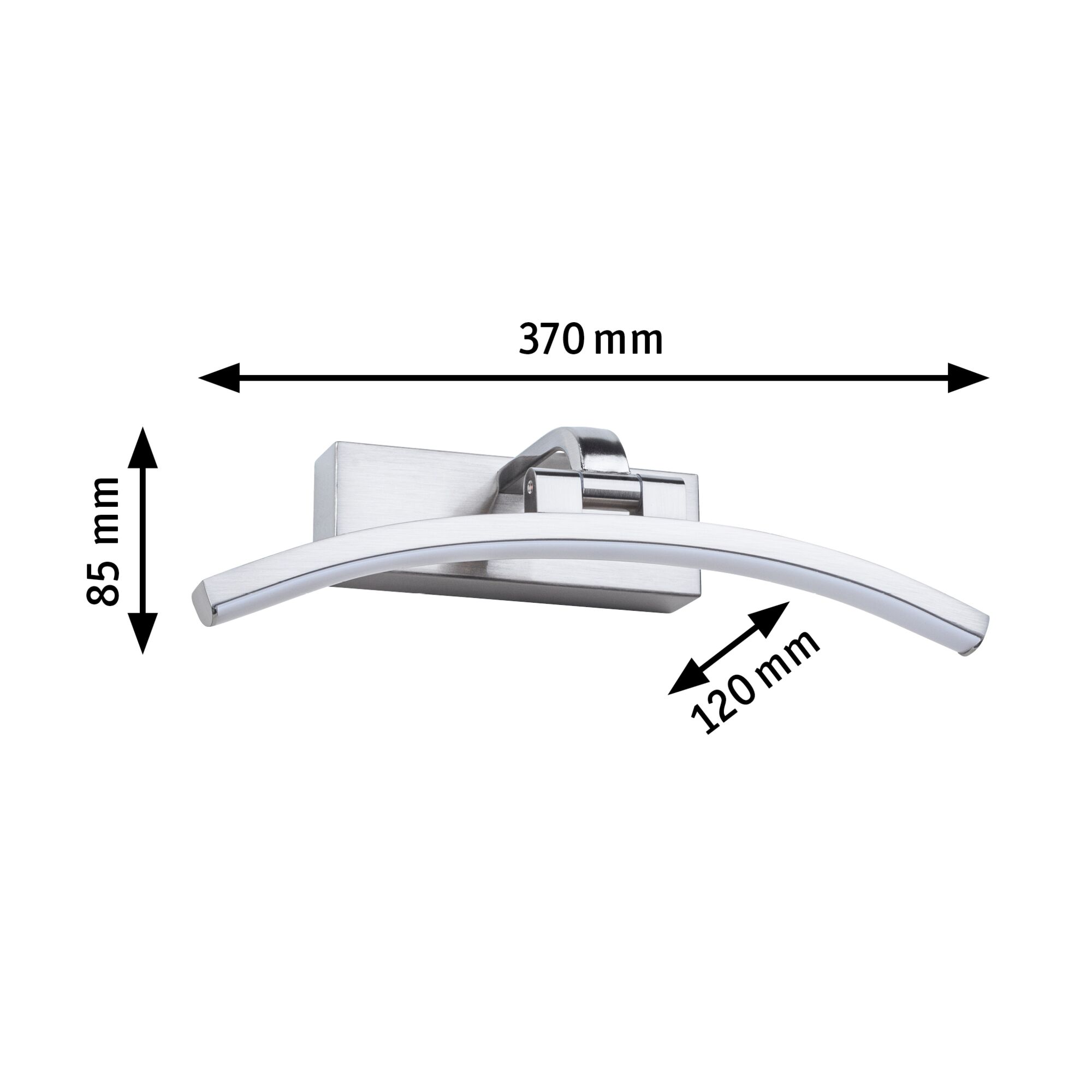 Gebogene LED-Wandleuchte aus gebürstetem Edelstahl mit Maßen 370x85x120 mm für moderne Innenbeleuchtung