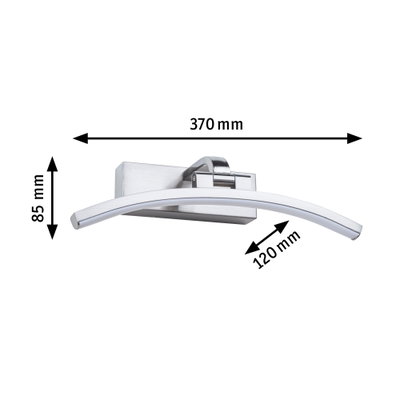 Gebogene LED-Wandleuchte aus gebürstetem Edelstahl mit Maßen 370x85x120 mm für moderne Innenbeleuchtung