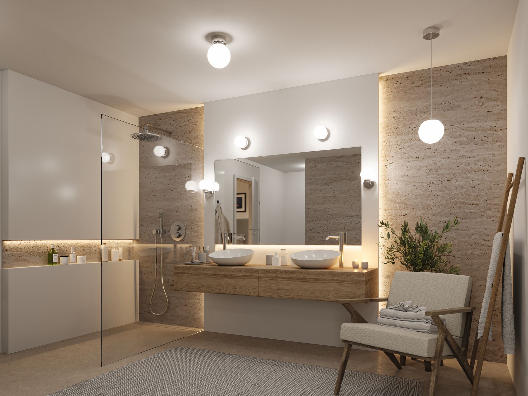 Moderne badkamer met houten wastafelmeubel, twee witte opzetkommen en warmwit LED-licht