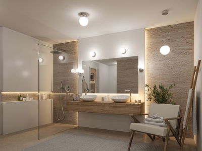 Moderne badkamer met houten wastafelmeubel, twee witte opzetkommen en warmwit LED-licht