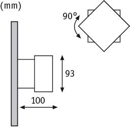 Technical drawing of a square wall lamp with 93 mm height and 100 mm depth made of metal.