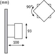Technical drawing of a square wall lamp with 93 mm height and 100 mm depth made of metal.
