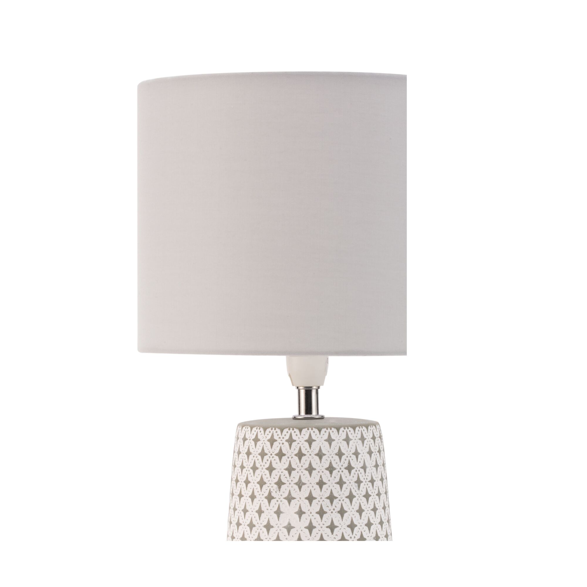 Table lamp with grey fabric shade and white patterned ceramic base for home lighting