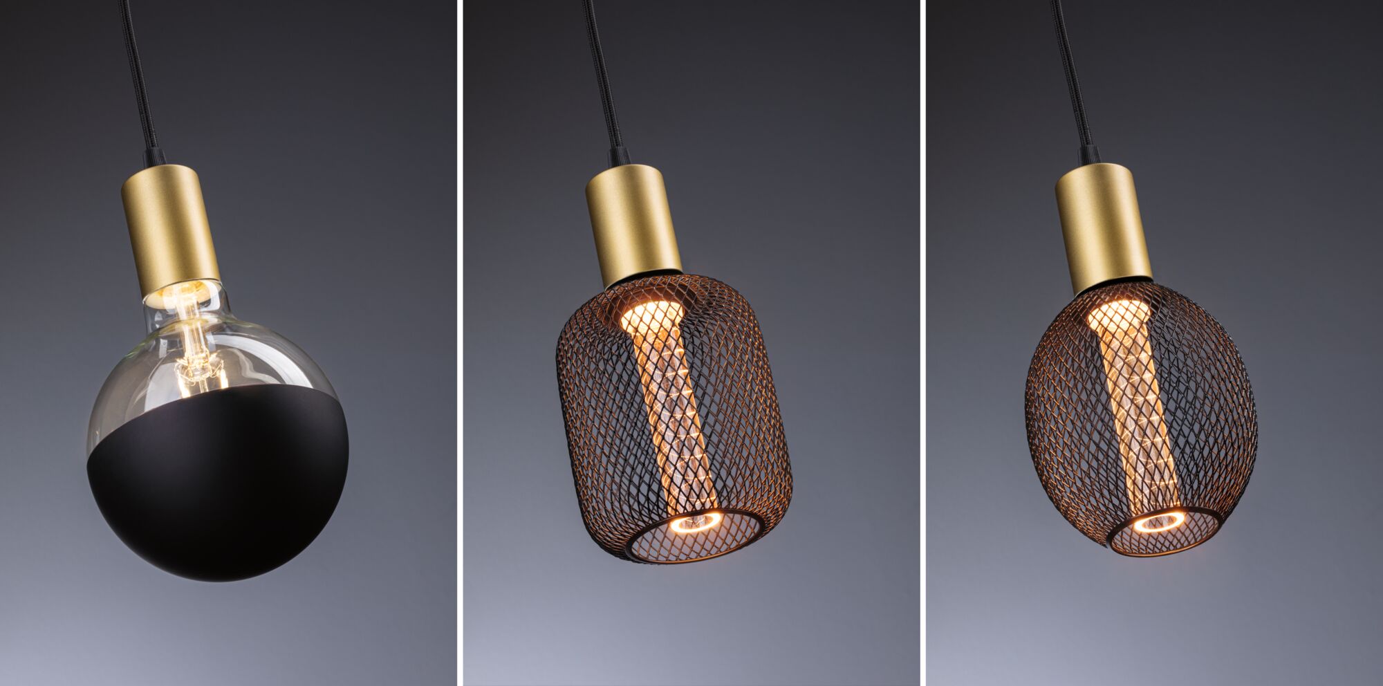 Drei moderne Pendelleuchten mit goldfarbenem Metall und schwarzer Gitter- oder Halbkugelglasabdeckung für Wohnräume