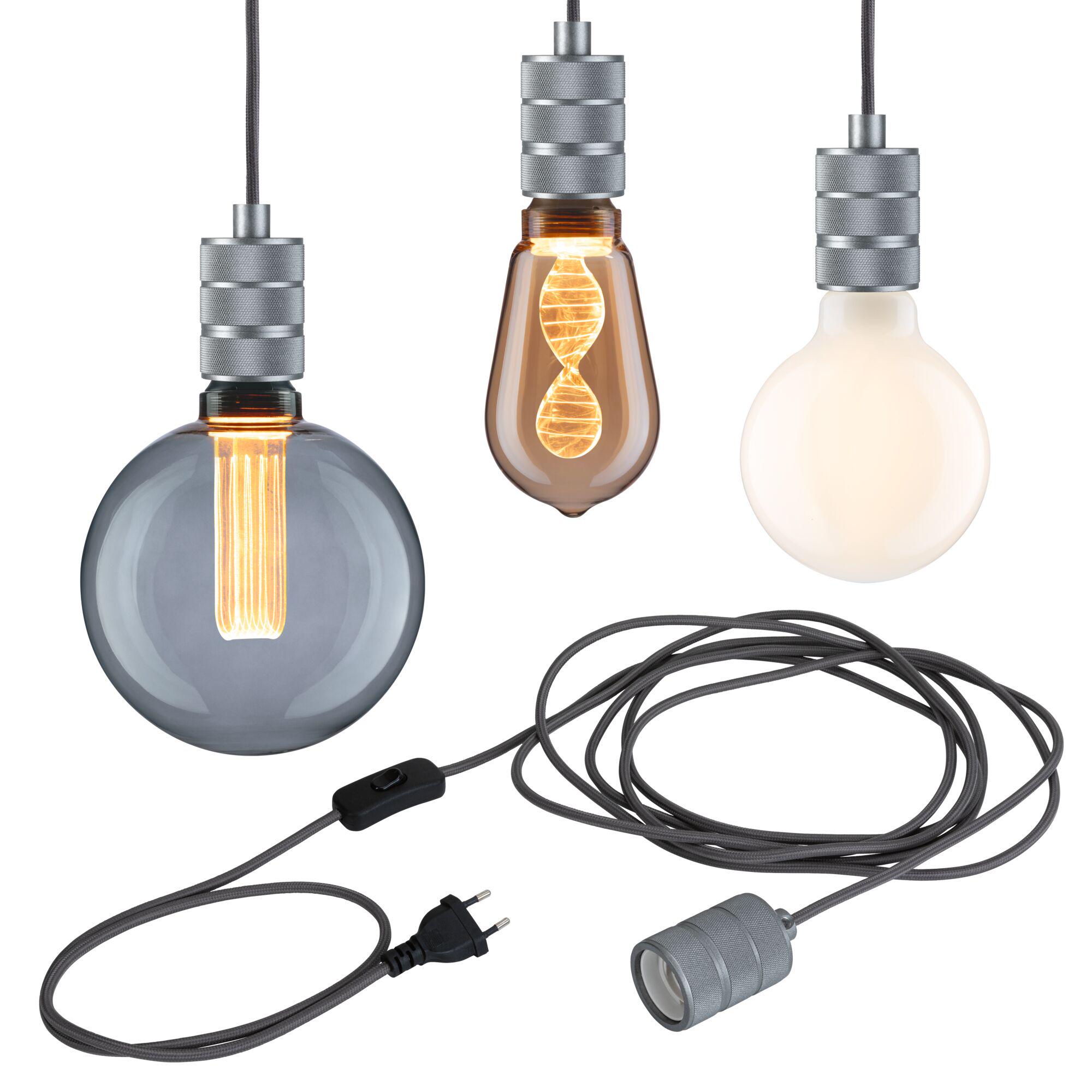 Three pendant lamps with grey metal fittings and different coloured bulbs, textile cable with switch