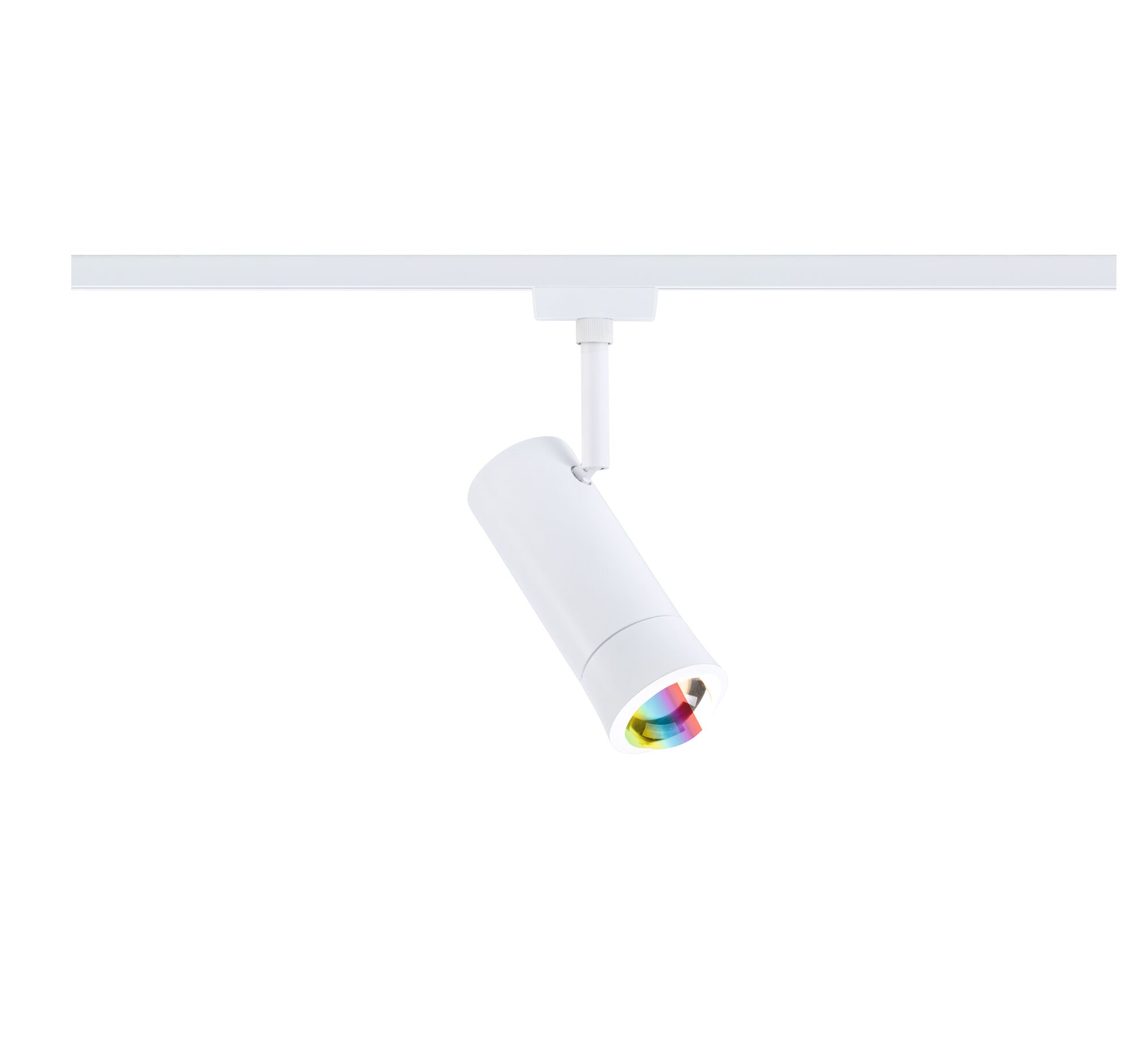 Modern white metal LED spotlight with colorful lens effect for versatile indoor lighting