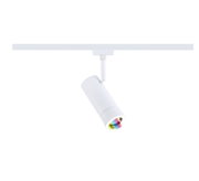 Modern white metal LED spotlight with colorful lens effect for versatile indoor lighting