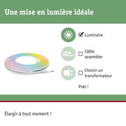 Bande LED colorée flexible avec montage simple et extension possible pour éclairage personnalisé.