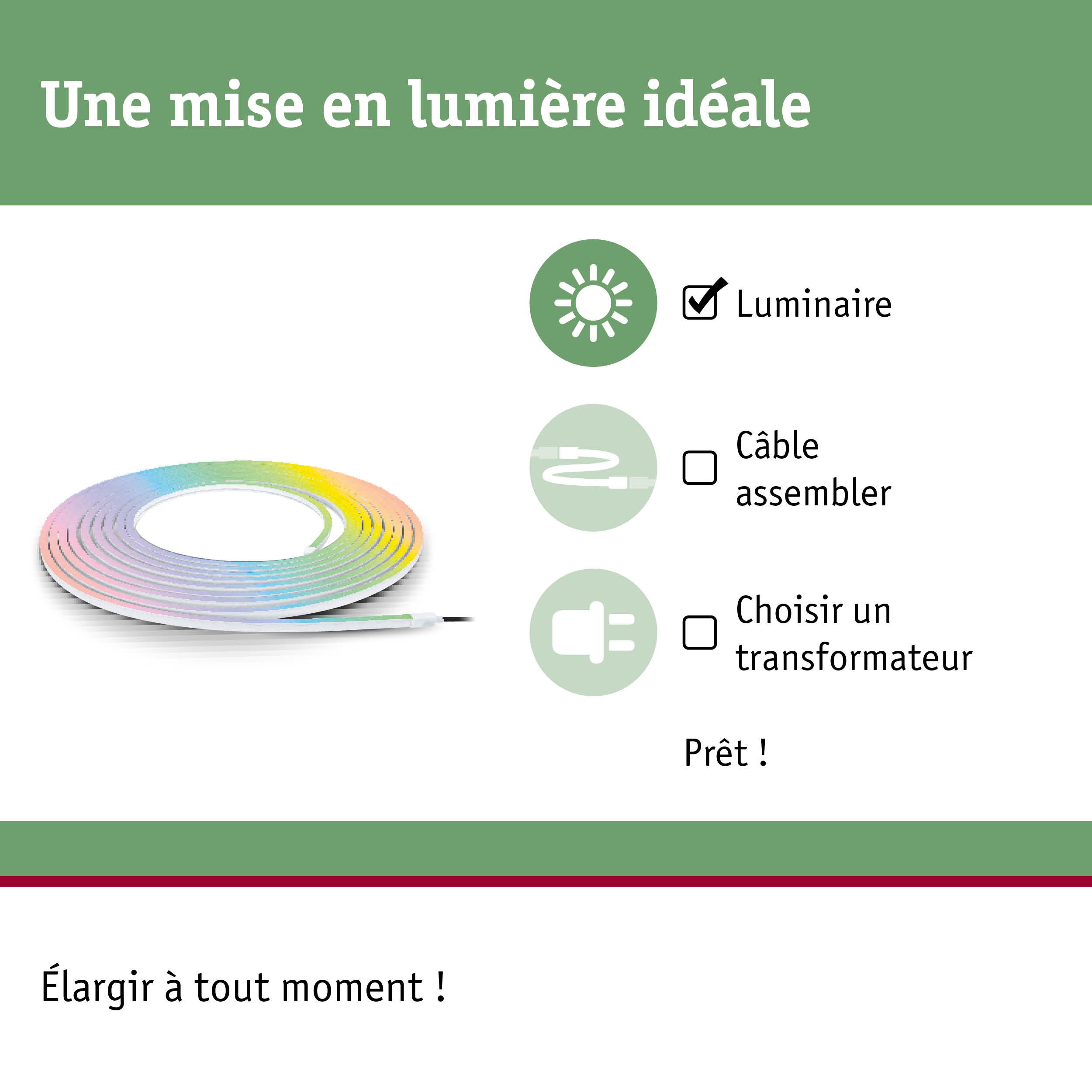Bande LED colorée flexible avec montage simple et extension possible pour éclairage personnalisé.
